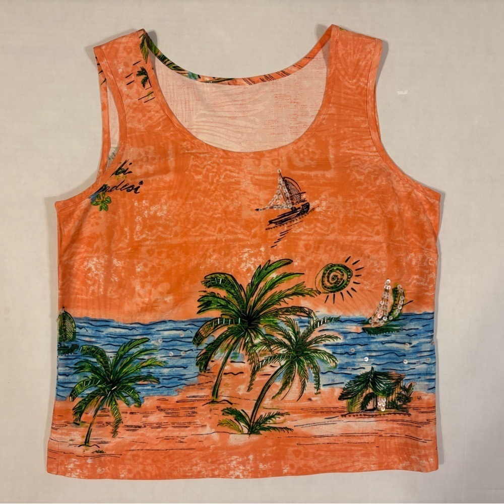 Vintage Nancy Bolen City Walk Orange 100% silk tropical print tank top small